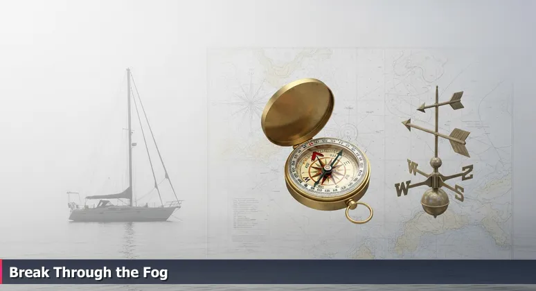 A lone sailboat navigating through dense fog on the Gulf of Mexico off South Padre Island, symbolizing isolation in AI work before community connection.