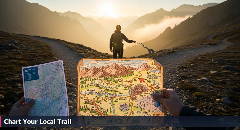 A person at a trail fork holding a national job map and a detailed local map of Brownsville tech opportunities at dawn.