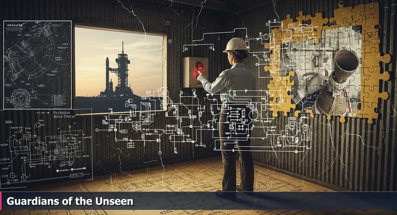 Engineer in fire-retardant suit at SpaceX Boca Chica launchpad control shed, hand poised over a red button, symbolizing cybersecurity guardianship in Brownsville, TX.