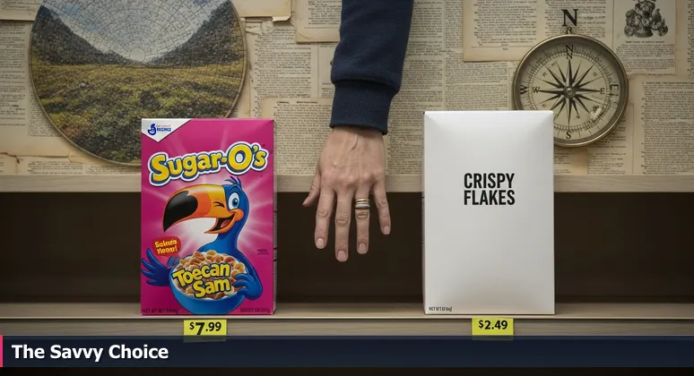 Illustration comparing premium and generic cereal boxes in a grocery aisle, symbolizing the value of Brownsville for tech careers.