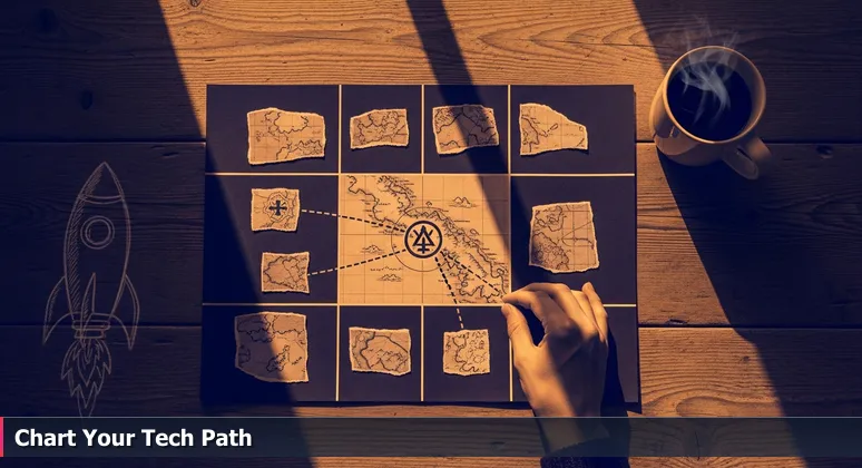 A hand assembling torn treasure map pieces on a wooden table, with sunlight and a rocket doodle, representing the journey to connect with women in tech resources in Brownsville, TX.