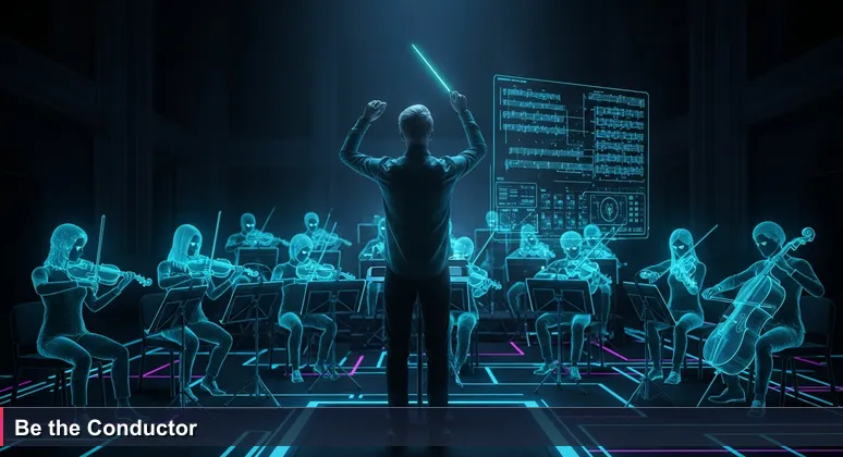 A Filipino conductor with baton raised before an orchestra, symbolizing leadership in AI careers for tech professionals in the Philippines.