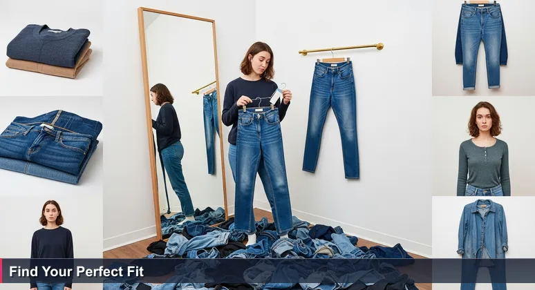 A Filipino professional in a clothing store fitting room, holding jeans and checking the tag, representing the decision-making process when comparing tech job offers.