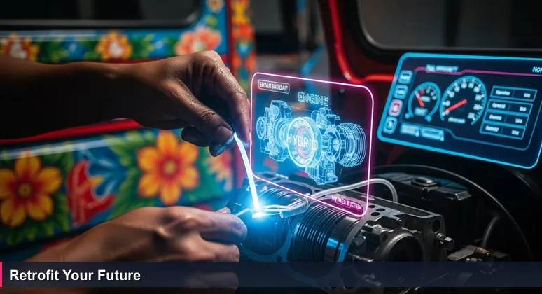 A skilled mechanic retrofitting a traditional Philippine jeepney engine with modern digital components, symbolizing the upgrade of the tech industry in 2026.