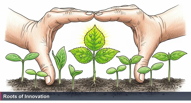 Close-up of a farmer's hands gently holding young seedlings in rich, dark soil, representing the growth and diversity of AI startups in the Philippines.