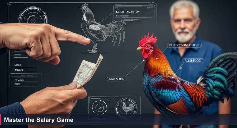 Close-up in a sabong cockpit showing a bettor's hands with cash pointing at a colorful gamecock, with a breeder observing in the blurry background, symbolizing strategic insight into AI salaries.