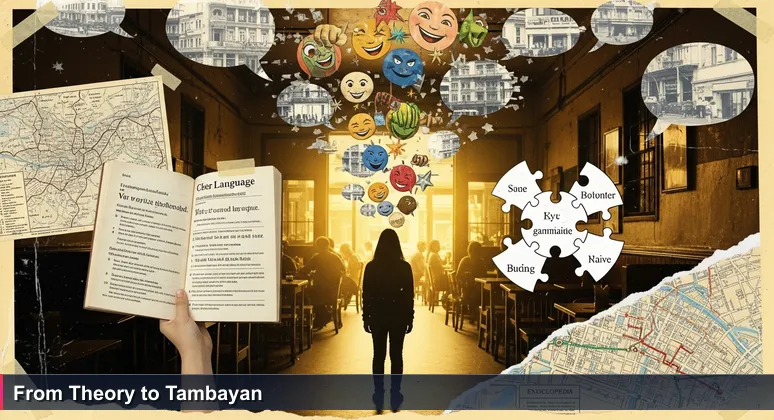 An anxious person in a Manila café holding an AI textbook, surrounded by lively tech discussions, symbolizing the gap between theory and community practice.