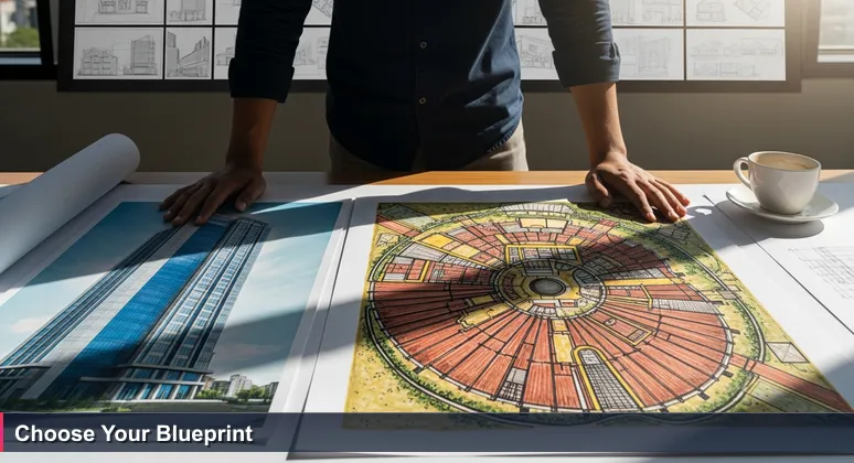 Filipino architect's hands comparing two blueprints: a modern skyscraper and a traditional bahay na bato, symbolizing career choices for AI engineers in the Philippines.