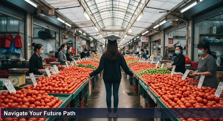 A young Filipino graduate in a bustling palengke wet market, looking overwhelmed as she faces multiple identical tomato stalls, symbolizing the challenge of choosing a tech career path.
