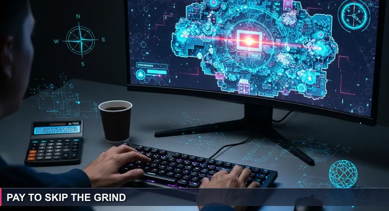 A person's hands typing on a keyboard with a video game screen showing a 'PAY 500 COINS TO SKIP THIS LEVEL' button. A cup of coffee and a calculator with a low balance are on the desk.