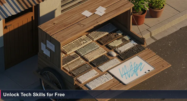 A wooden kariton pushcart in a Filipino alley filled with computer keyboards and a chalkboard advertising free tech tutorials, symbolizing grassroots access to digital education.