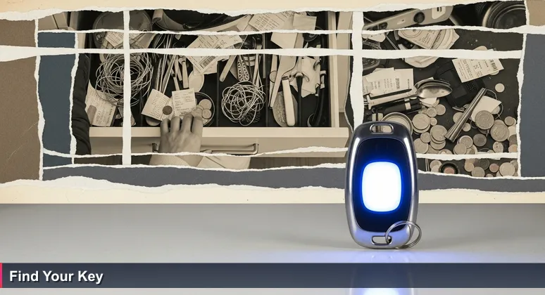 A frantic hand searches through a cluttered kitchen drawer filled with utensils and papers, while a modern key fob with a glowing blue LED light sits on a clean countertop in the foreground.