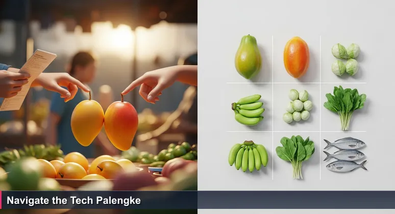 A close-up image of hands at a Filipino palengke market, holding a list and hesitating between two perfect mangoes, symbolizing the choice of tech coworking spaces.