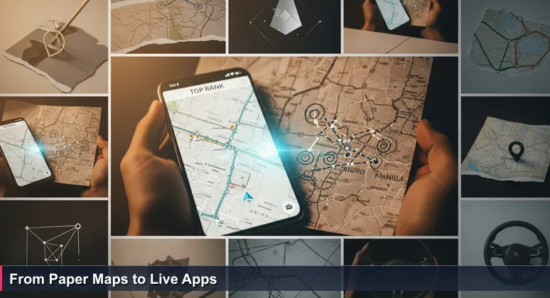Hands holding a creased paper map of Metro Manila overlaid with a smartphone showing live navigation on EDSA, symbolizing the shift from degree-based to skills-based tech careers.