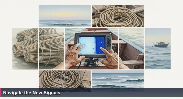 A Filipino fisherman at dawn on Manila Bay, hands over a glowing sonar screen on a traditional banca, symbolizing junior developers adapting to new tech job signals in the Philippines.