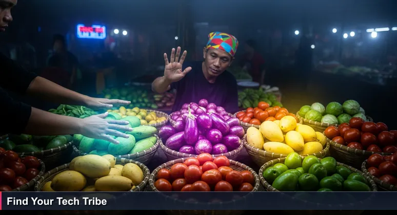 A Filipino wet market scene with shopper's hands overwhelmed by similar produce baskets, and a vendor's colorful bandera in the background, symbolizing the search for the right tech community.