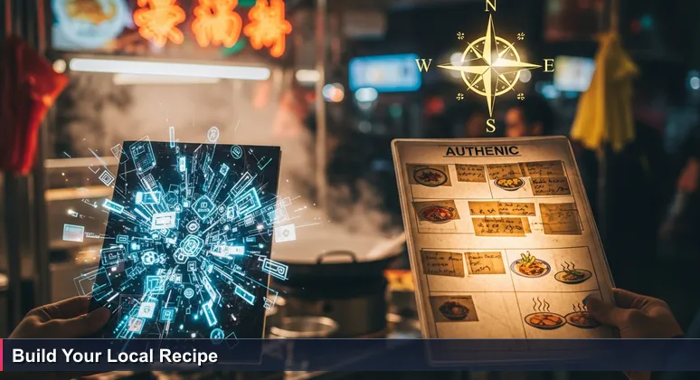 Close-up of hands at a KL hawker stall holding two menus: a glossy one with 'AI Career' text and a handwritten menu with local dishes and career advice in Hokkien and Malay.