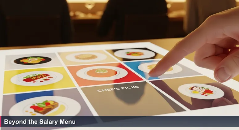 A close-up of a hand tracing a glossy restaurant menu, symbolizing the decision-making process for evaluating tech salary packages in Malaysia's dynamic job market.