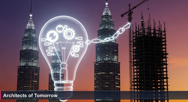 Time-lapse photo of Petronas Towers at dusk with construction cranes building a new skyscraper, symbolizing Malaysia's growing tech industry opportunities.