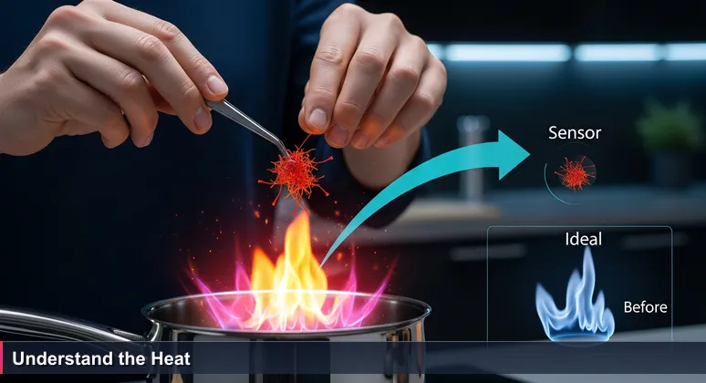 Close-up of hands meticulously measuring saffron into a pot on a stove with a high flame, symbolizing precision versus understanding in AI engineering for Malaysia's tech ecosystem.