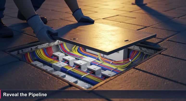 Close-up of a utility worker's gloved hand opening a heavy metal access panel in a Kuala Lumpur sidewalk, revealing vibrant fiber-optic cables and junction boxes beneath, symbolizing hidden tech funding opportunities.