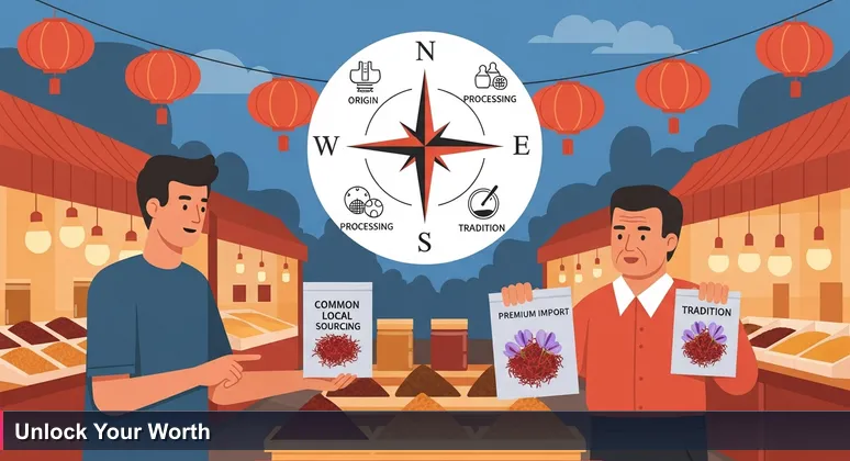 A Malaysian night market spice stall scene where a seller holds two spice packets, symbolizing the hidden factors in AI salary determination for roles in Kuala Lumpur and beyond.