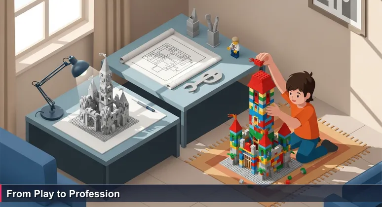 A child's hands placing a LEGO block on a colorful castle, with a professional architectural model in background, symbolizing AI career growth from play to purpose in Malaysia.