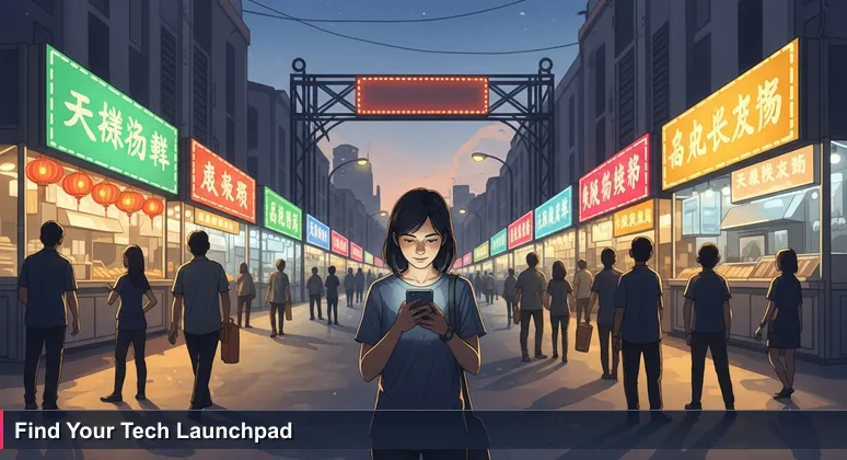 A young Malaysian graduate looking overwhelmed at a vibrant night market, symbolizing the choice of tech career paths in 2026.