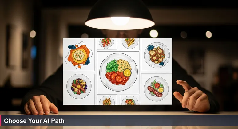 A person's hand hovering over a restaurant menu with AI-themed dish names like 'Spicy Mee Goreng AI' on a wooden table, symbolizing the choice of bootcamps in Malaysia.