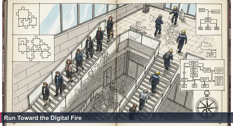 A fire alarm in a Kuala Lumpur office building, with people evacuating and a cybersecurity team rushing towards a server room, illustrating digital defense.