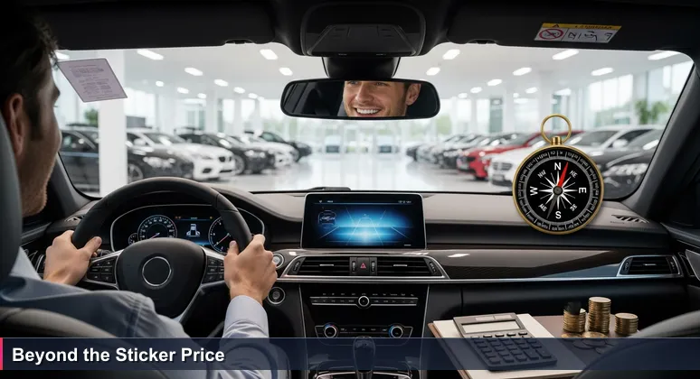 A tech professional in a luxury car showroom, smiling at the steering wheel with a blurred price sticker and a notepad listing hidden costs like insurance and tolls.