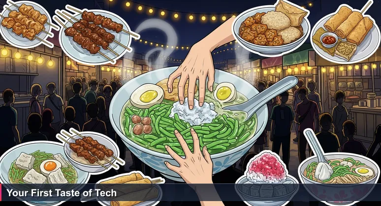 A crowded Malaysian night market scene with a hand reaching through people towards a bowl of cendol, symbolizing the quest for accessible tech training opportunities.