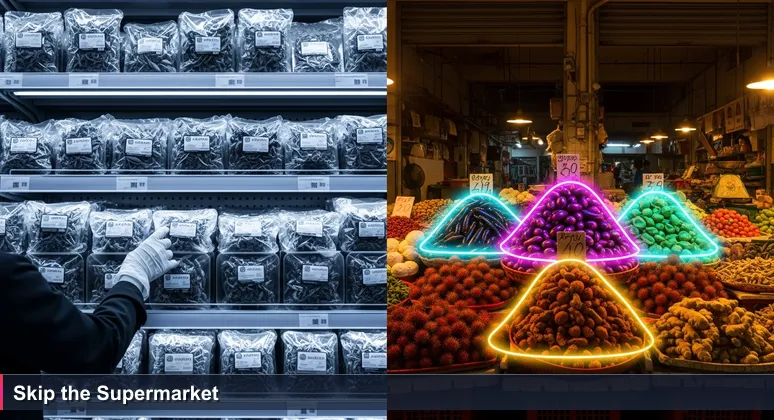 A hand reaching for identical herbs in a sterile supermarket aisle, with a vibrant Malaysian wet market visible through an open doorway, symbolizing diverse AI career opportunities beyond big tech.