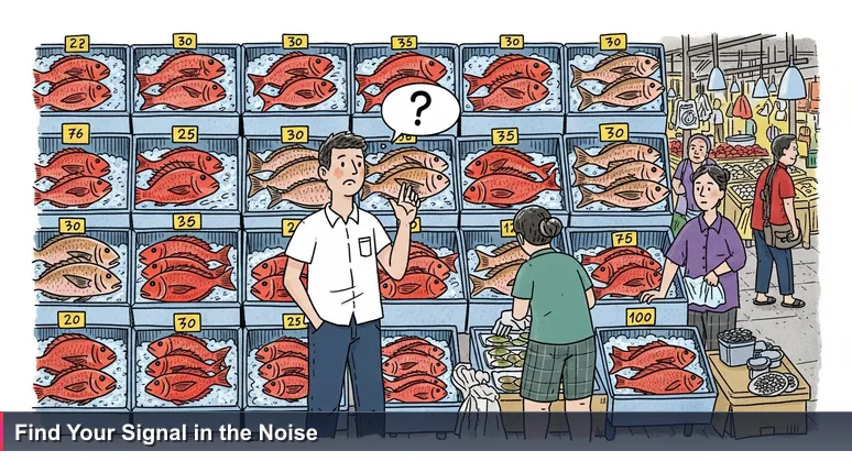 A tech entrepreneur looking overwhelmed in a vibrant Malaysian wet market, with stalls displaying logos of top coworking spaces like WORQ and Common Ground.