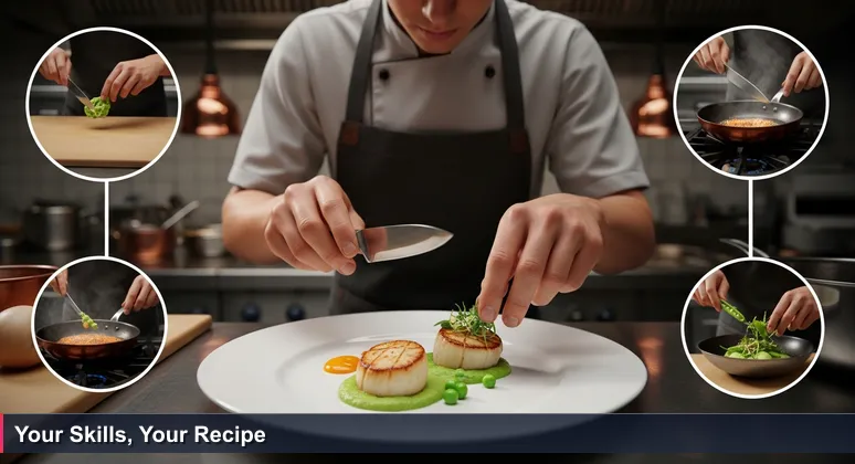 A young chef in a Kuala Lumpur kitchen carefully plating a vibrant dish, symbolizing skill-based tech careers in Malaysia's 2026 job market.