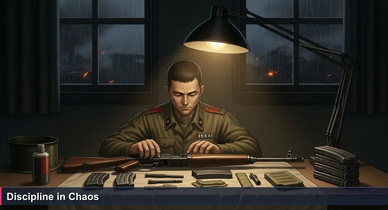 A soldier in a dim room assembling a rifle, symbolizing focused preparation for junior developers targeting Malaysia's tech startups in 2026.