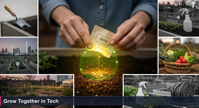 Close-up of an older and younger hand exchanging a hand-labeled seed packet over a community garden plot, symbolizing mentorship and collaboration for women in Malaysia's tech industry.