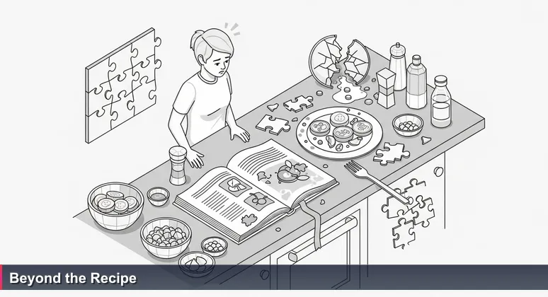 A frustrated cook in a messy kitchen with a ruined meal, symbolizing the gap between following AI career steps and achieving success in Sandy Springs