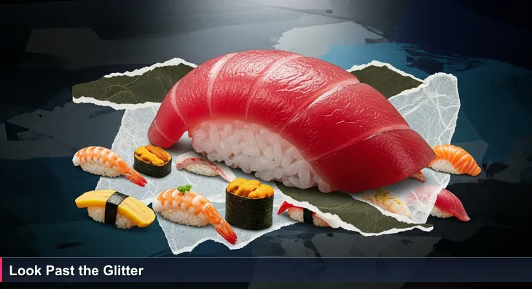 A sushi platter with a glittering piece of toro tuna in front, symbolizing how headline salaries can obscure the full value of compensation packages in Sandy Springs tech jobs.