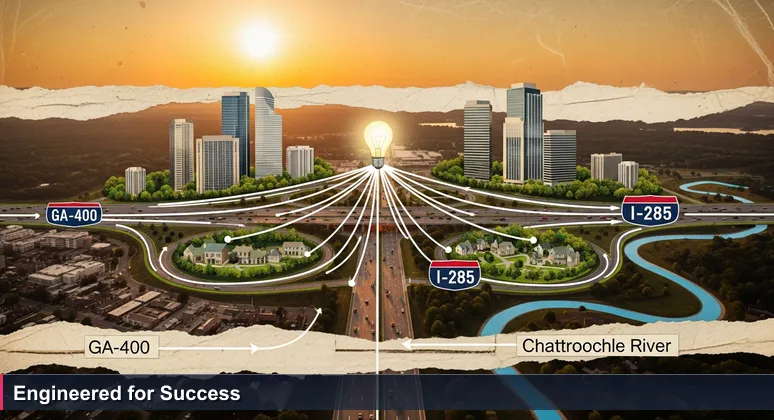 Aerial view of the Perimeter Center interchange in Sandy Springs at sunset, with traffic flowing between corporate towers, green neighborhoods, and the Chattahoochee River.