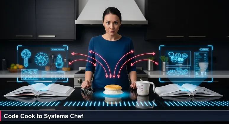 A cook in a Sandy Springs kitchen looks frustrated at a flat soufflé, representing the challenge of moving from AI tutorials to practical engineering.