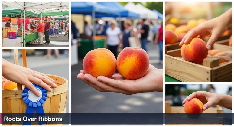 Close-up at Sandy Springs Farmers Market: hands comparing a ribbon-adorned peach with a sun-warmed peach from a humble stall, symbolizing discernment in AI startup evaluation.