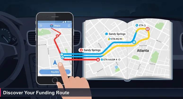 Smartphone screen showing a navigation app with alternative routes on a Sandy Springs map, symbolizing funding pathways for tech training.