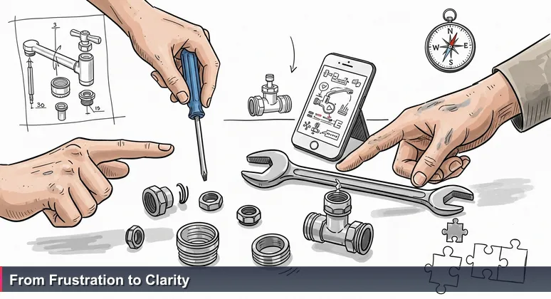 Close-up of two hands: one hesitant with a screwdriver, one confident pointing at a valve, with a phone displaying a tutorial video.