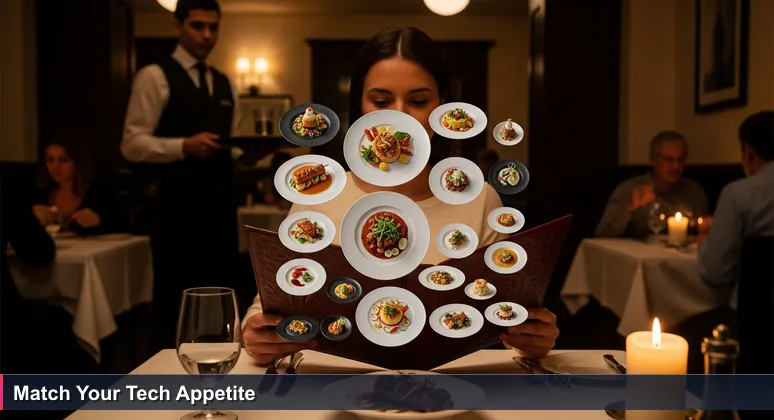 A person at a restaurant table thoughtfully holding a leather-bound menu, with a waiter in the background, representing the choice of AI careers in Sandy Springs.