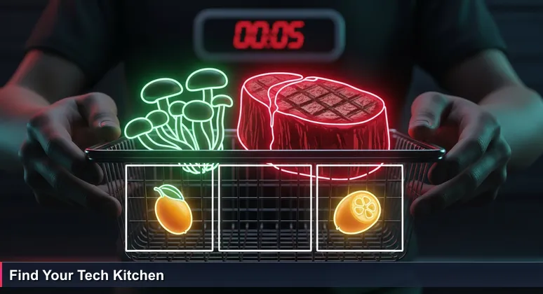 Close-up of nervous hands holding a mystery basket with ingredients like filet and kumquat on a cooking show, symbolizing tech career choices in Sandy Springs.