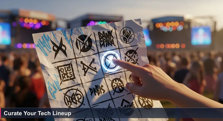 A hand holding a crumpled festival lineup poster with ink smears, tapping a circled band name at an Atlanta summer event, with blurred stages in the background