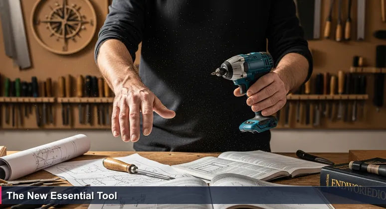 Weathered carpenter's hands hovering between a traditional manual screwdriver and a modern cordless impact driver on a workbench, symbolizing the shift from old to new cybersecurity tools in Sandy Springs.