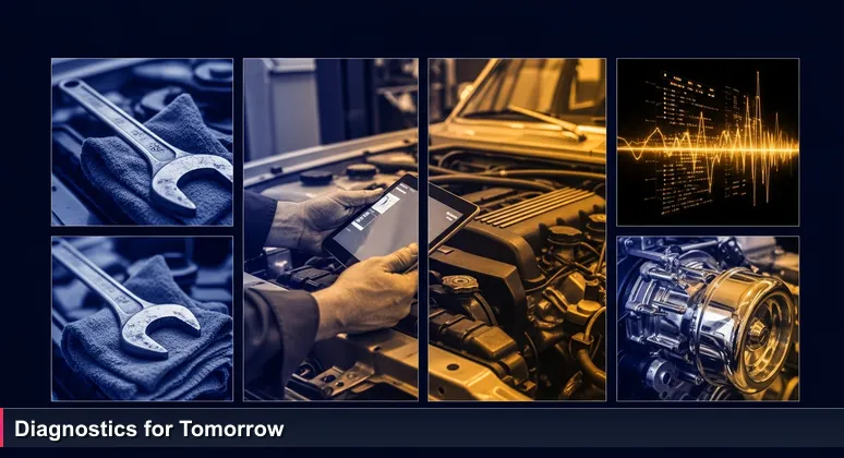 A Sandy Springs mechanic uses an AI diagnostic tablet on a car engine, symbolizing AI integration in local industries beyond tech.