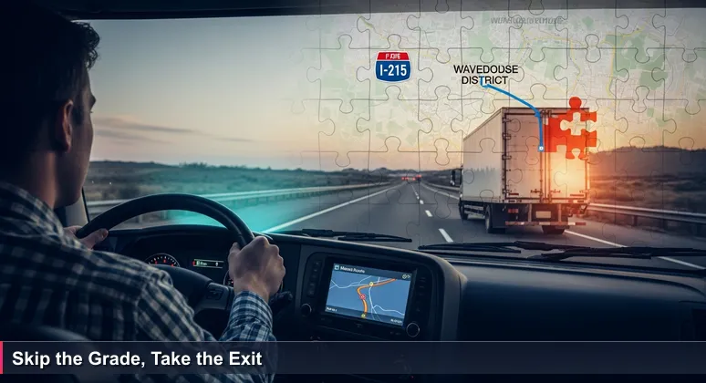 A driver in a rental truck on Interstate 215 in San Bernardino, looking frustrated at a GPS showing a mountainous route, while a Stater Bros. delivery truck takes an efficient off-ramp.